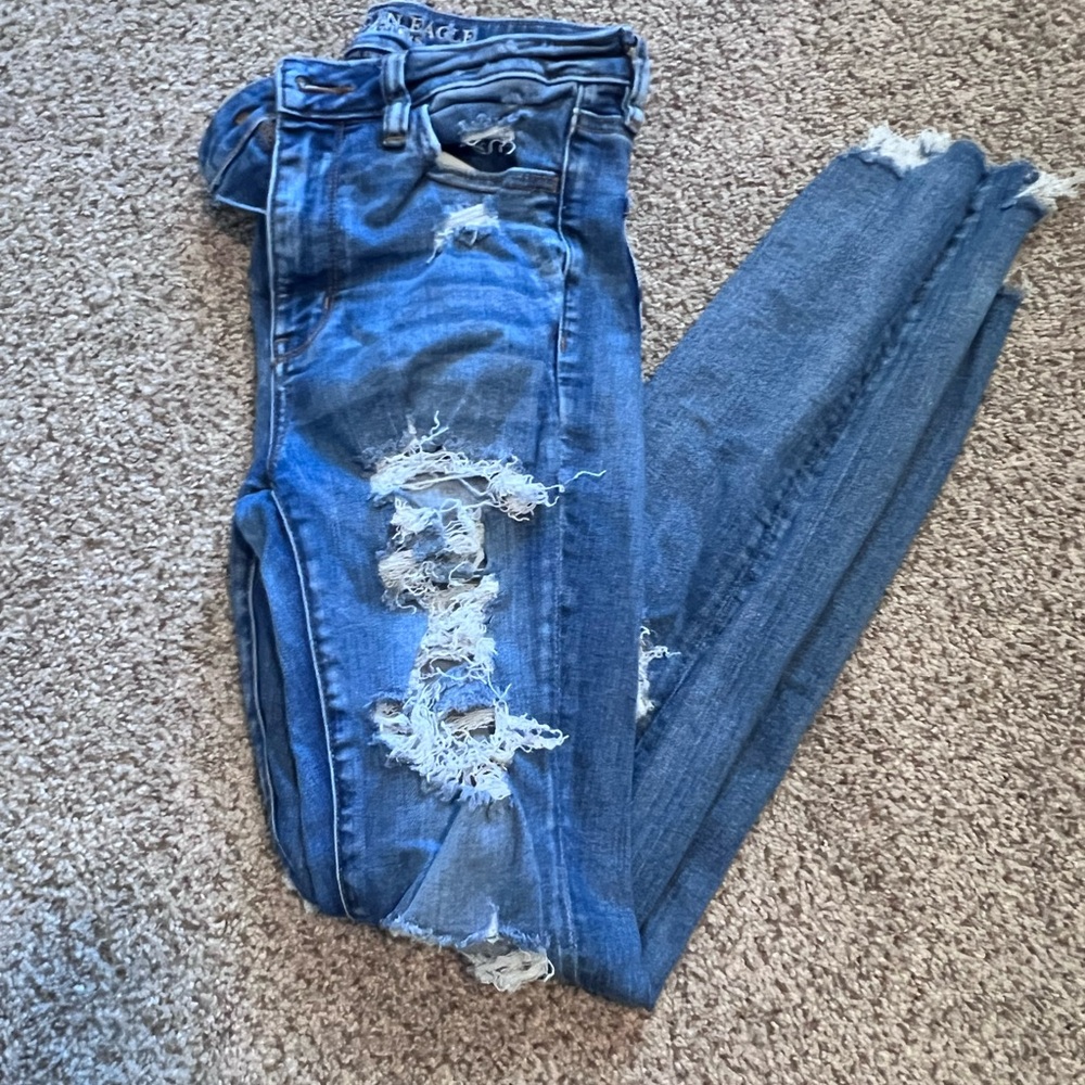 AEO Hi-Rise Ripped Blue Skinny Jeans